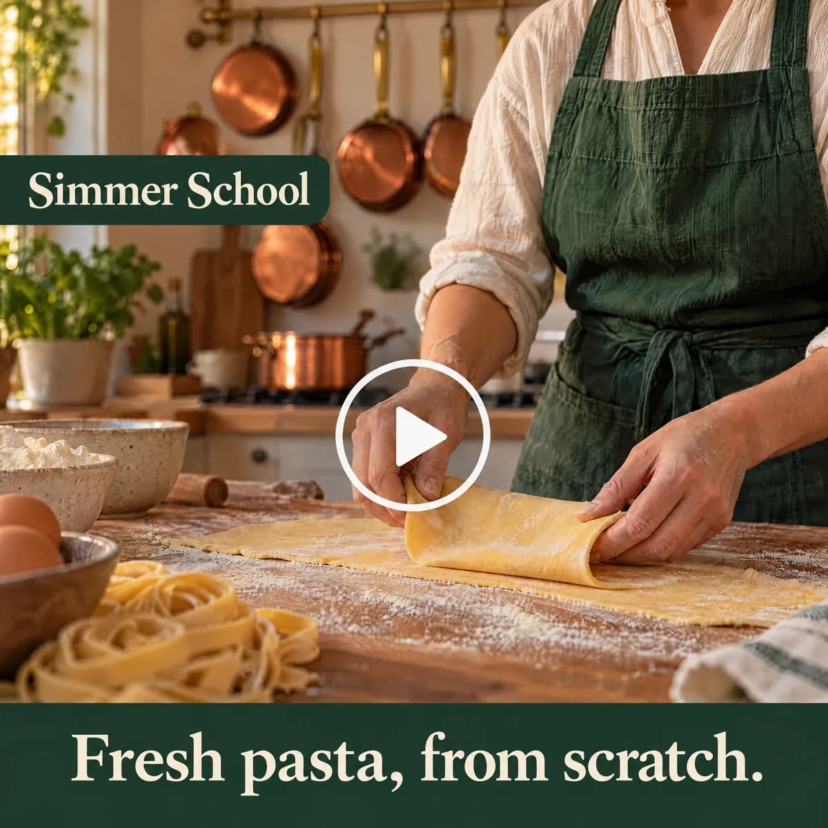 Banner for Simmer School, a fictional online cooking class: hands folding fresh pasta dough on a floured counter, a large white play button in the middle, and the headline “Fresh pasta, from scratch.”