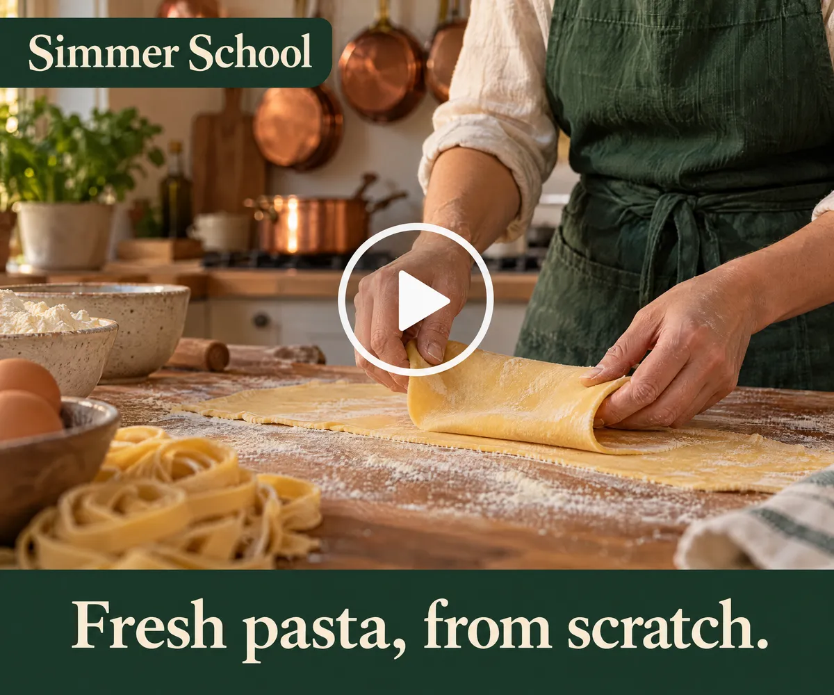 Banner for Simmer School, a fictional online cooking class: hands folding fresh pasta dough on a floured counter, a large white play button in the middle, and the headline “Fresh pasta, from scratch.”