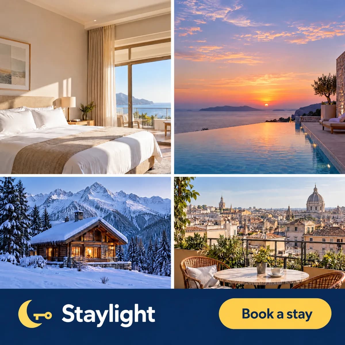 Banner for Staylight, a fictional hotel booking app: four separate photos in a grid, a hotel bedroom, an infinity pool at sunset, a snowy mountain cabin, and a rooftop cafe, above a navy band with the Staylight wordmark and a “Book a stay” button.