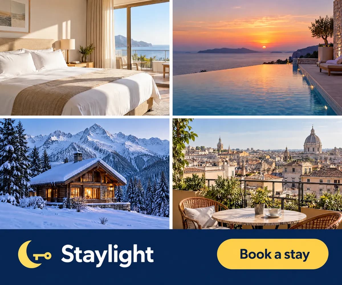 Banner for Staylight, a fictional hotel booking app: four separate photos in a grid, a hotel bedroom, an infinity pool at sunset, a snowy mountain cabin, and a rooftop cafe, above a navy band with the Staylight wordmark and a “Book a stay” button.