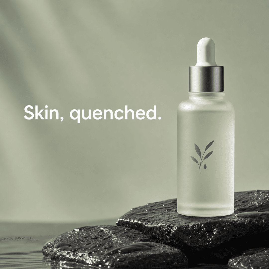 Serum ad for Rain Botanicals reading "Skin, quenched."
