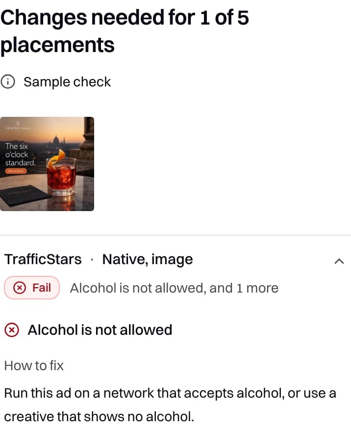 Preflight sample check of a Vesper Hall cocktail ad. Changes are needed: TrafficStars does not allow alcohol, and the fix is to run the ad on a network that accepts alcohol or use a creative that shows no alcohol.