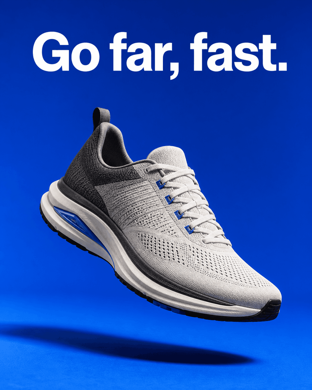 Running shoe ad for Kilometre Club reading "Go far, fast."