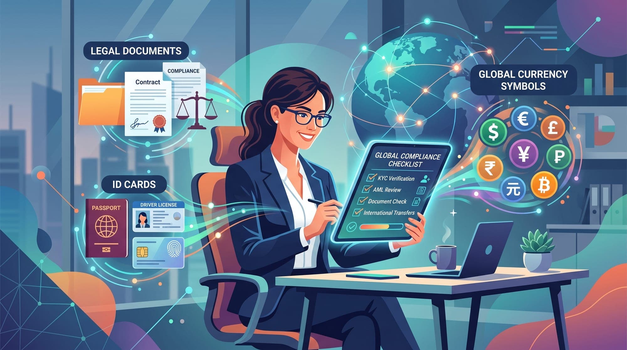 A sleek, modern B2B illustration of a person reviewing a digital checklist on a tablet, with icons r
