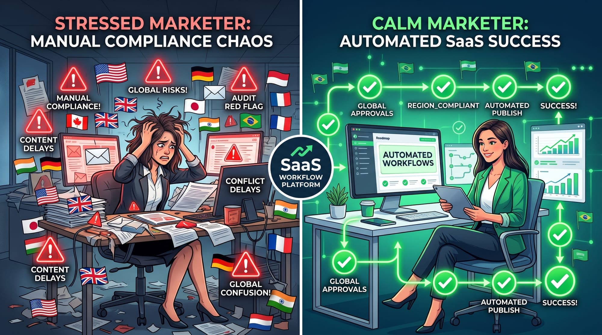 A split-screen B2B SaaS illustration showing a stressed marketer surrounded by different country fla