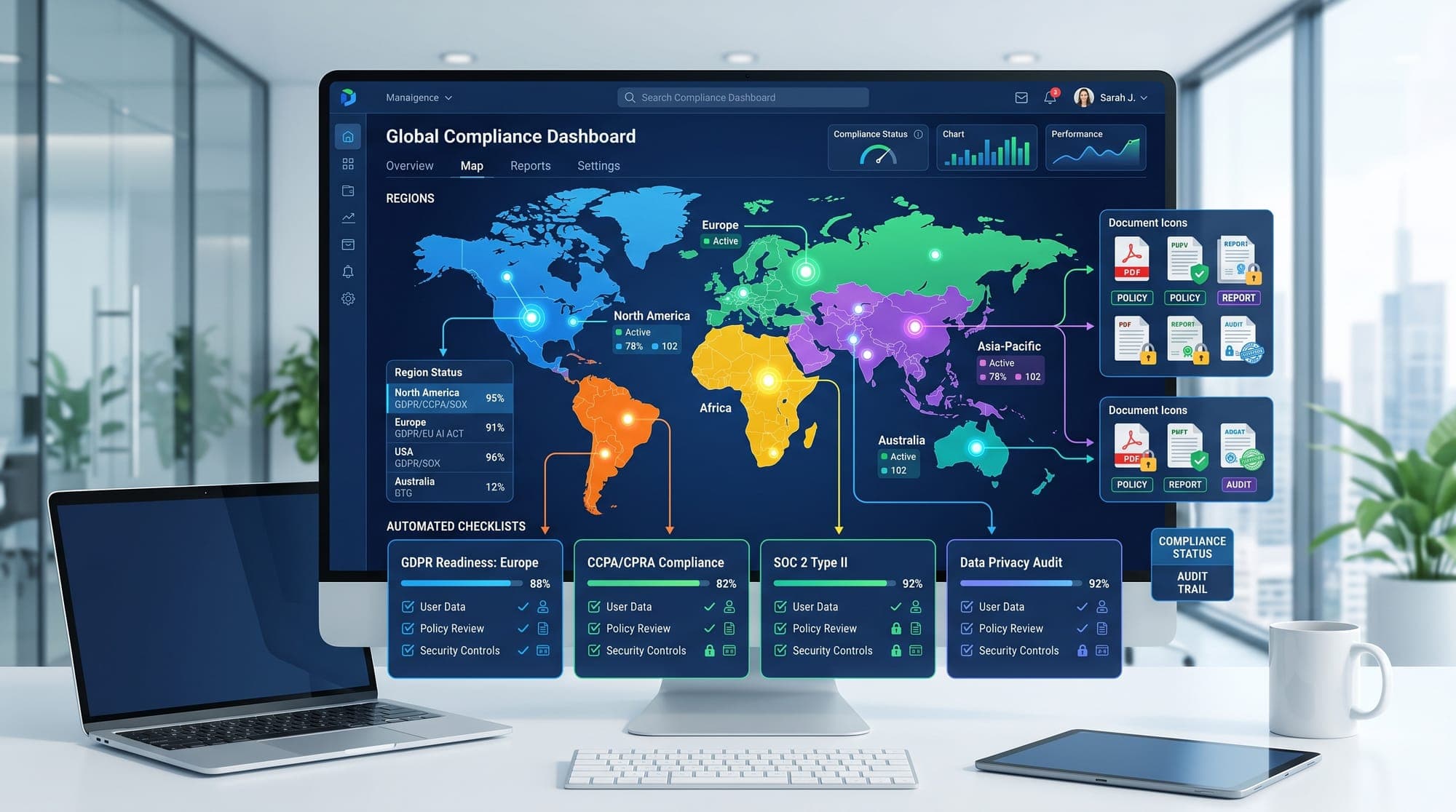 A sleek B2B SaaS illustration of a digital dashboard displaying a world map, with different regions