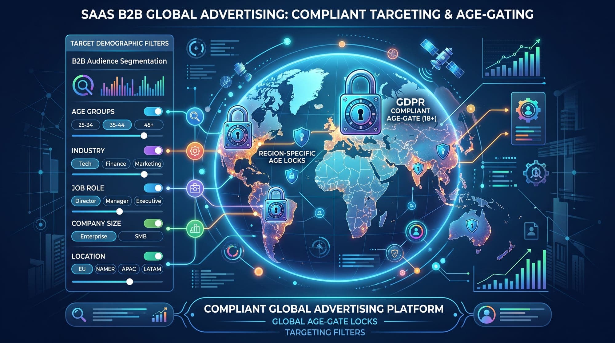 A professional B2B SaaS illustration depicting a stylized global map with digital age-gate locks and