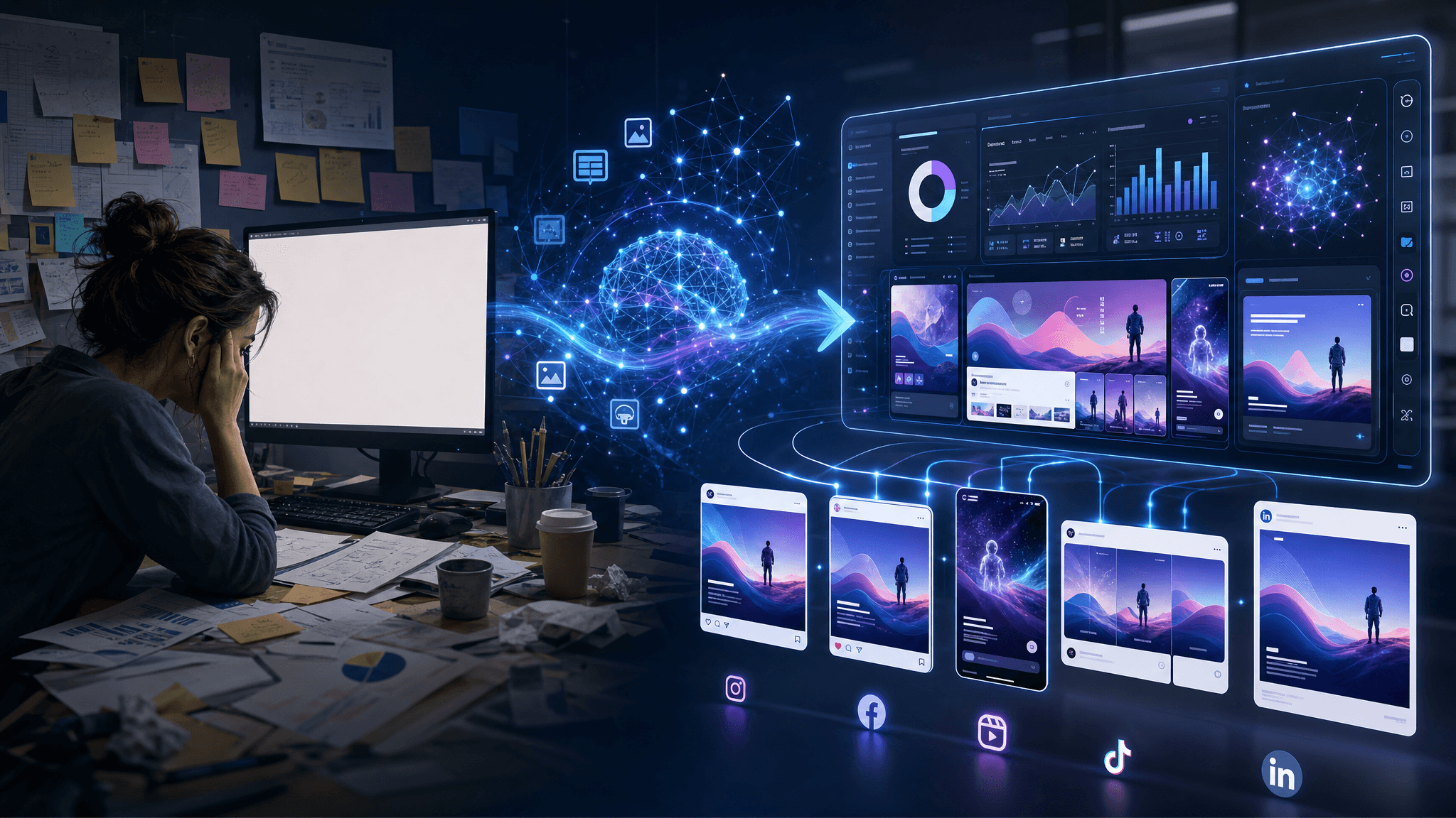 A professional B2B SaaS illustration showing a marketer transitioning from a chaotic, cluttered desk