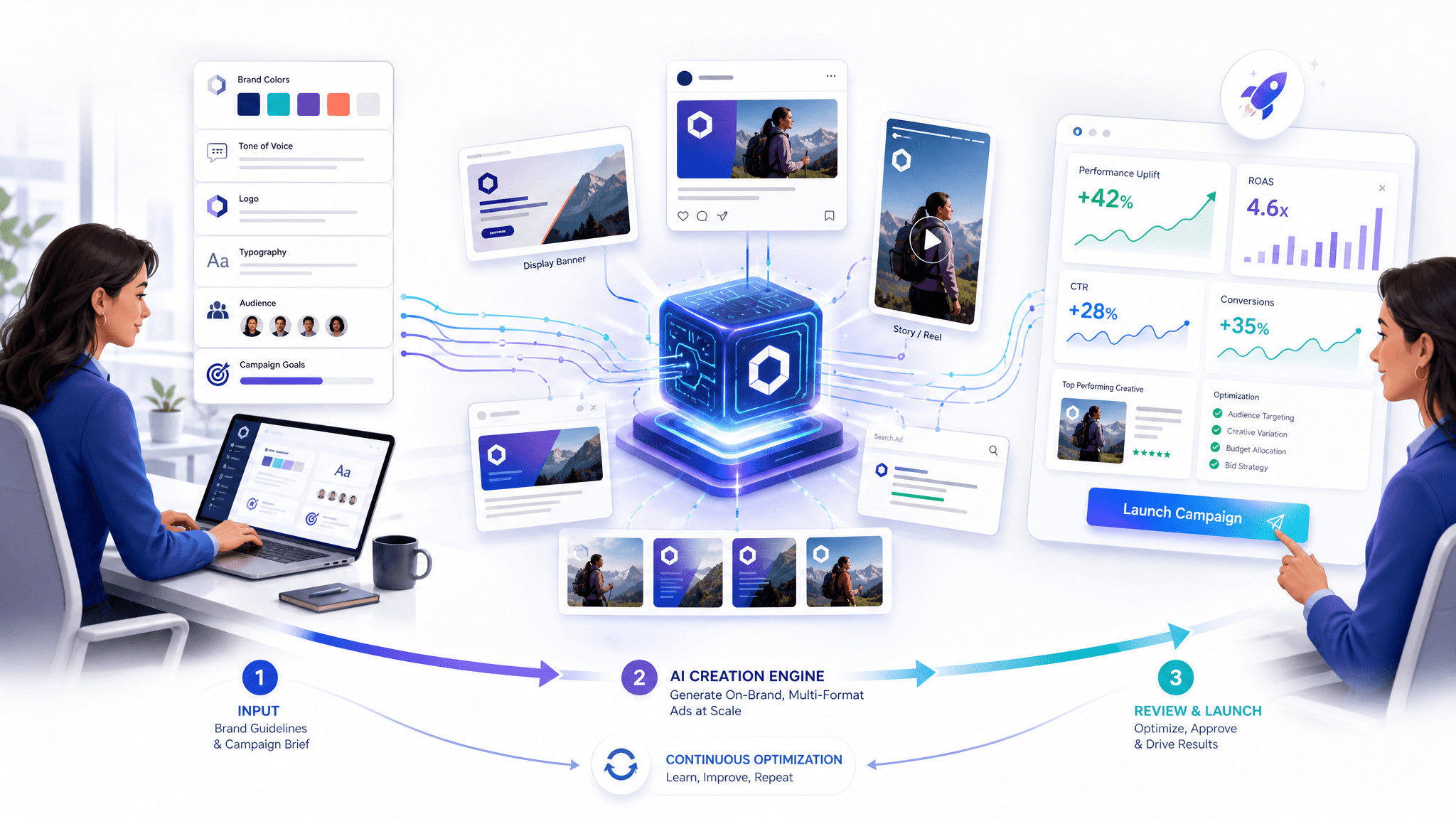 A professional B2B SaaS illustration depicting a seamless workflow cycle: a human marketer inputting