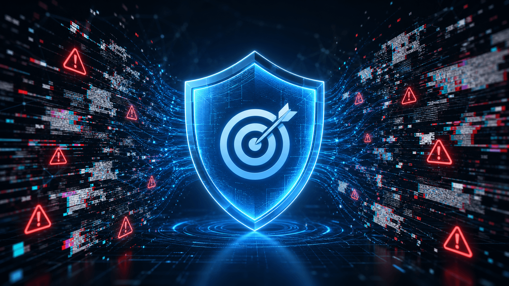 A professional B2B SaaS illustration showing a glowing, high-tech digital shield protecting a target