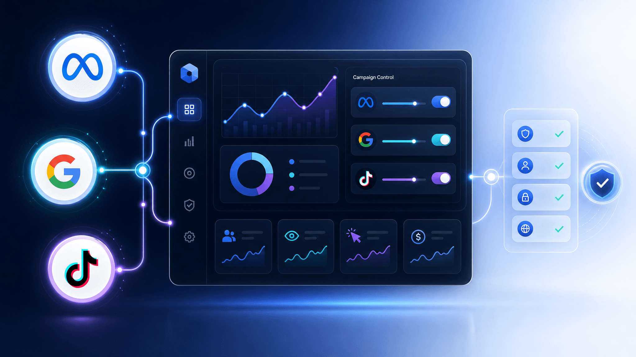 A sleek B2B SaaS illustration of a modern dashboard showing different social media platform logos (M