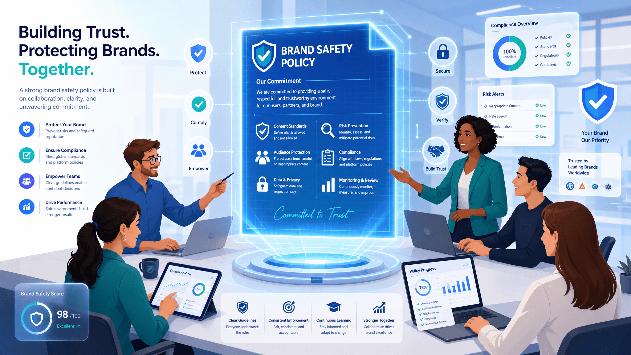 A professional B2B SaaS illustration of a diverse team collaborating around a large digital blueprin