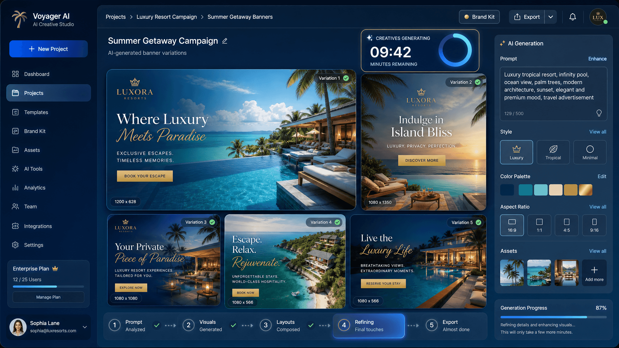 A sleek dashboard interface of an AI creative tool generating beautiful travel ad banners for a luxu