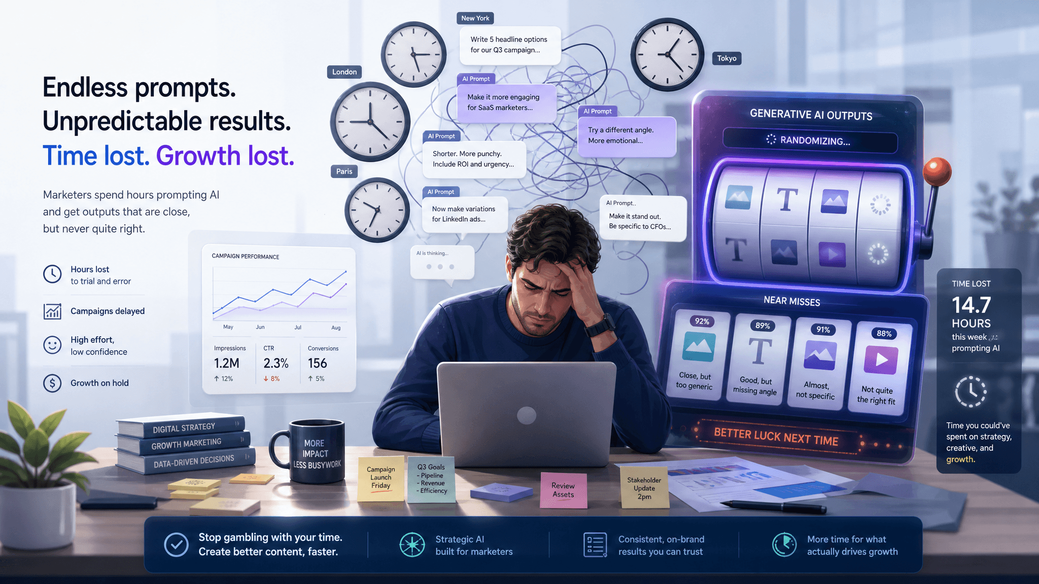 A professional B2B SaaS illustration showing a frustrated digital marketer sitting at a desk surroun