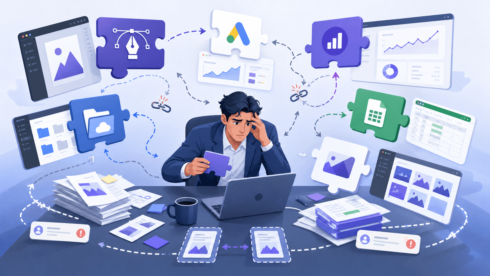 A sleek B2B SaaS illustration of a fragmented workflow, showing a user trying to piece together puzz