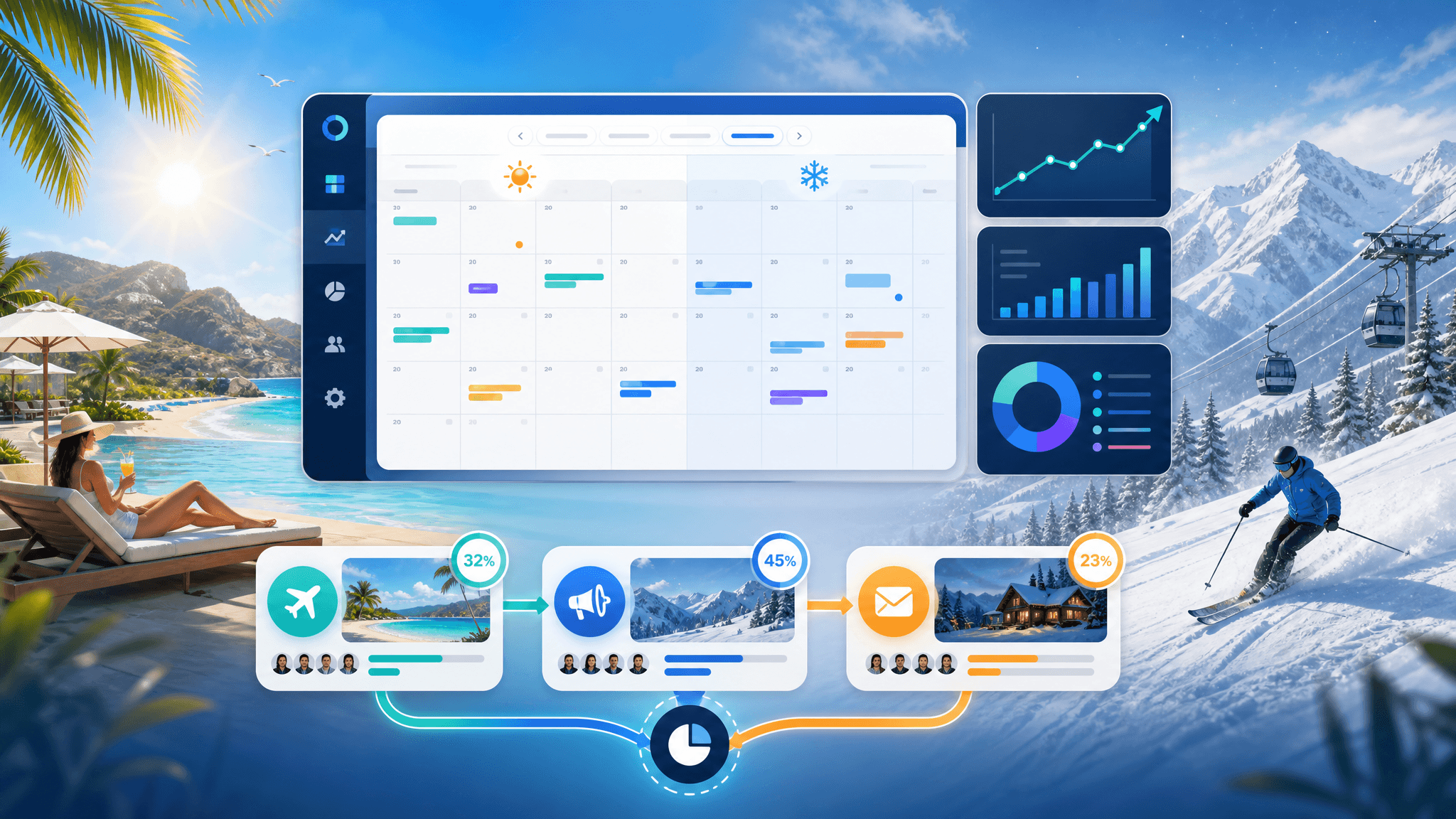 A sleek B2B SaaS illustration of a dynamic calendar interface overlaying a beach and ski resort, wit