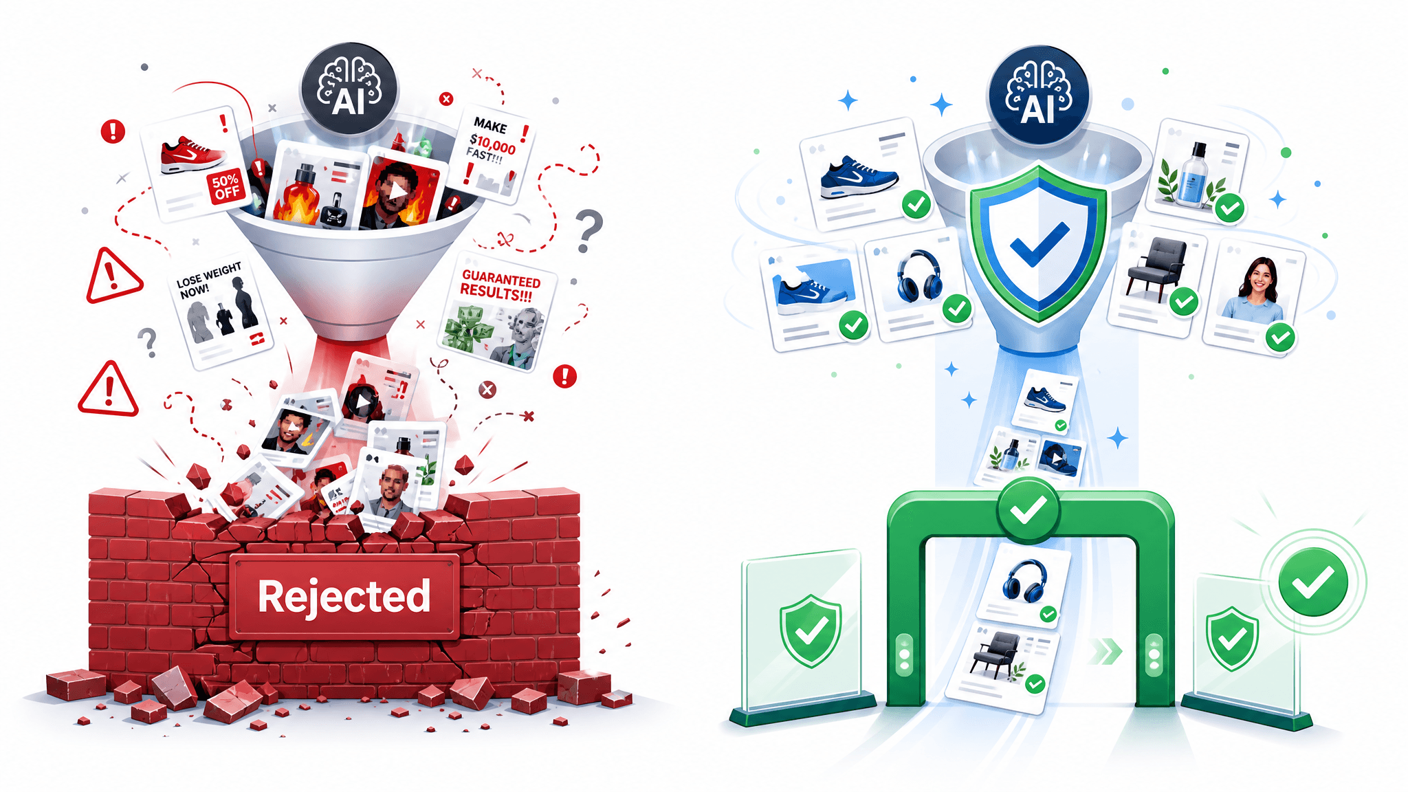 A professional B2B SaaS illustration depicting a side-by-side comparison of two AI funnels: one prod