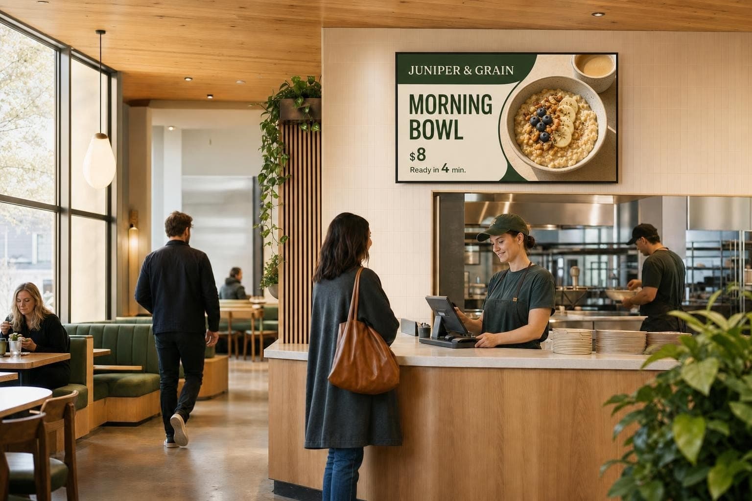 A bright Juniper and Grain restaurant with a screen advertising an eight-dollar morning bowl.