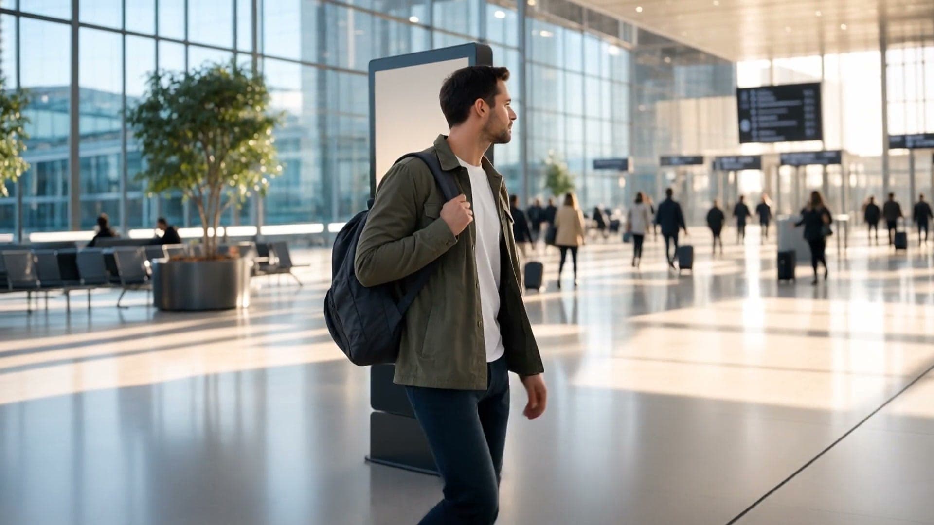 A traveler walking past a digital kiosk in a bright airport concourse.