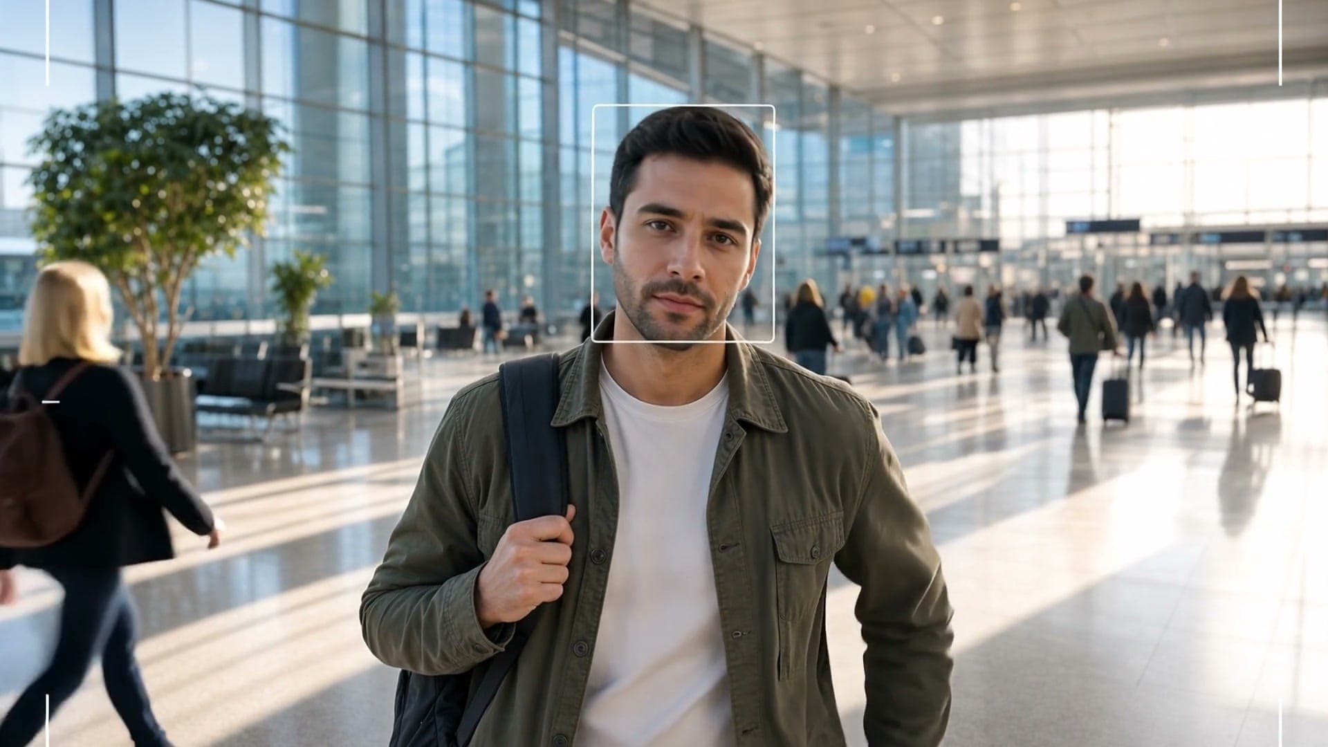 A kiosk-camera view of the traveler with a thin white box around his face.