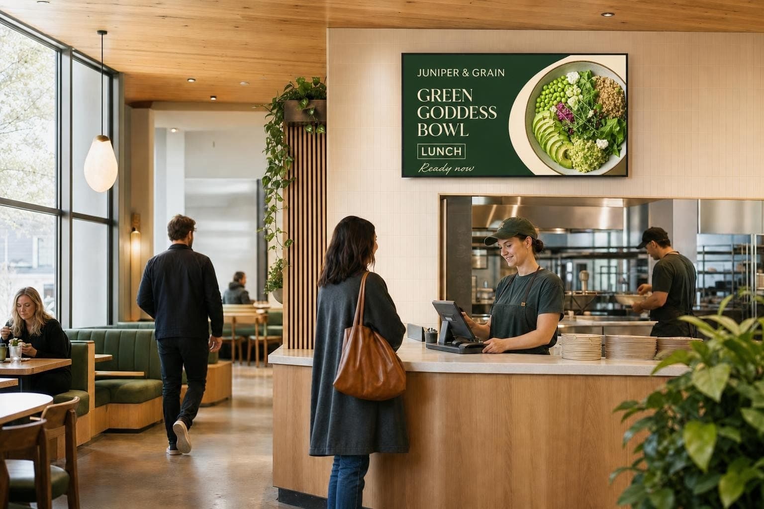 The same restaurant and screen advertising a green goddess bowl for lunch.