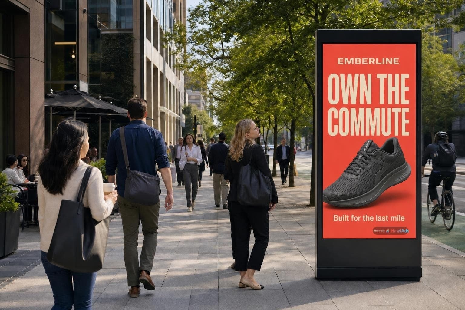 Commuters passing an Emberline running-shoe ad with a small Made with HawtAds badge on a sunny downtown sidewalk.