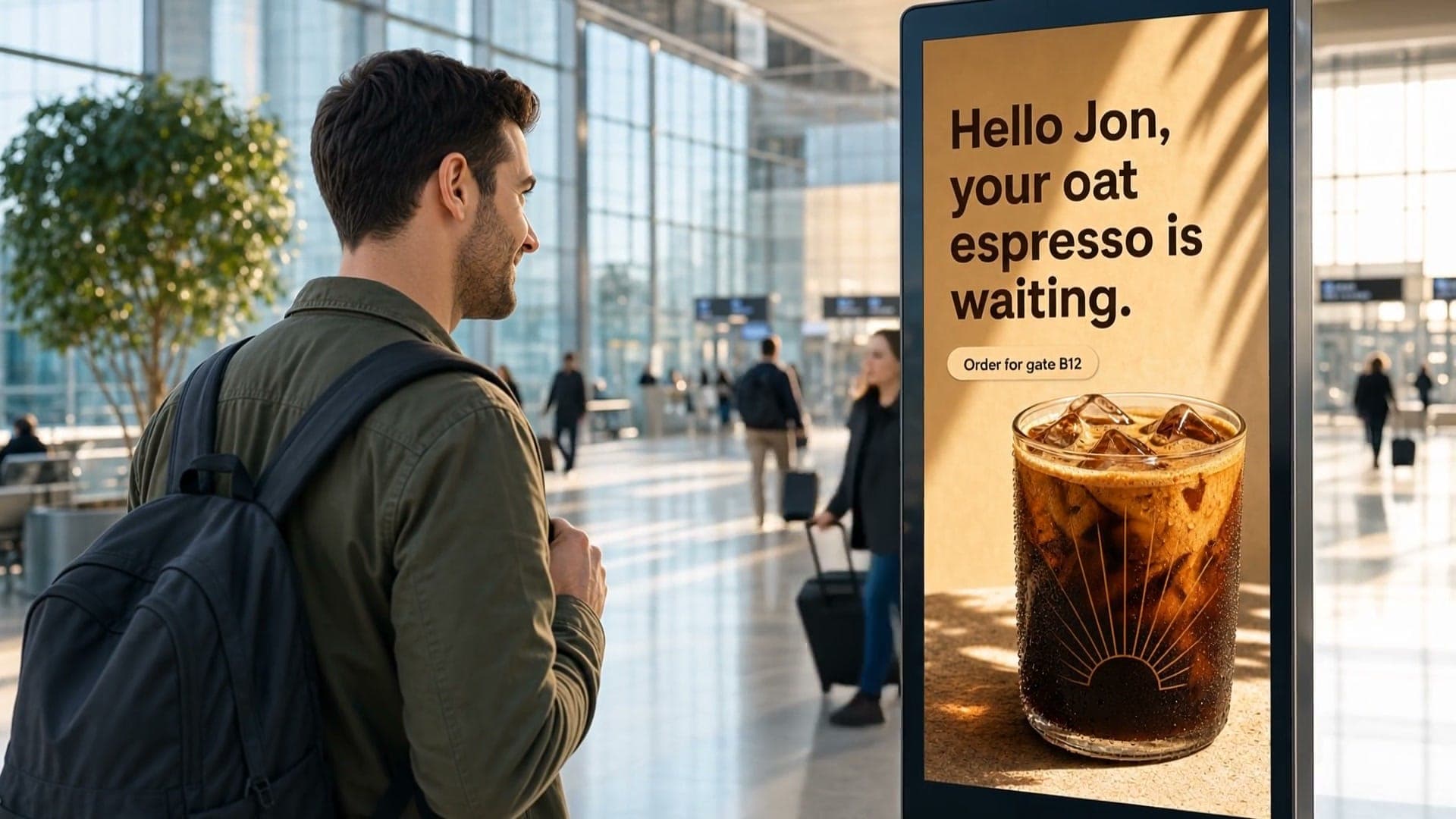 A traveler looking at a digital airport kiosk displaying a personalized oat espresso advertisement.