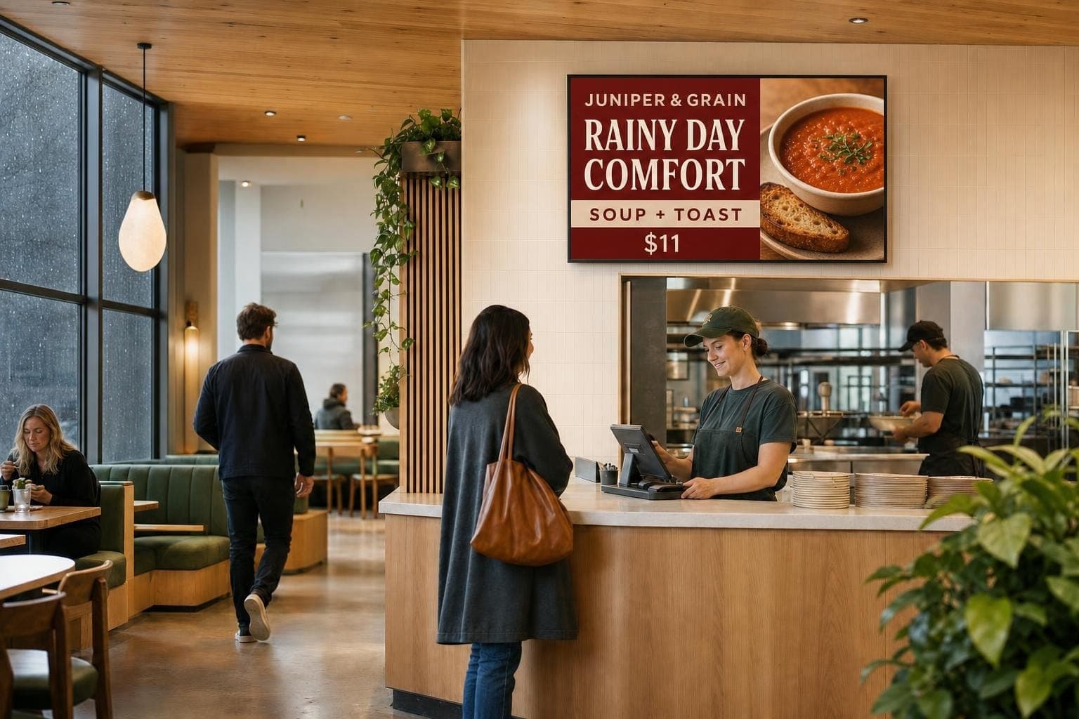 A Juniper and Grain restaurant screen promoting soup and toast on a rainy afternoon.