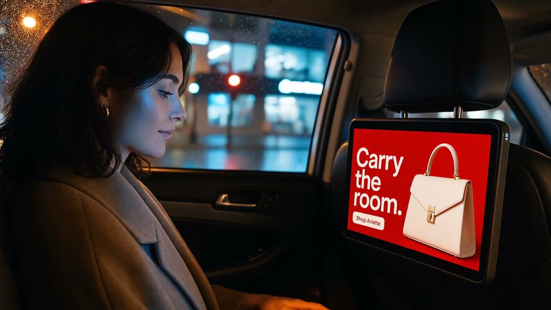 A rideshare passenger viewing a red handbag advertisement on a mounted tablet at night.