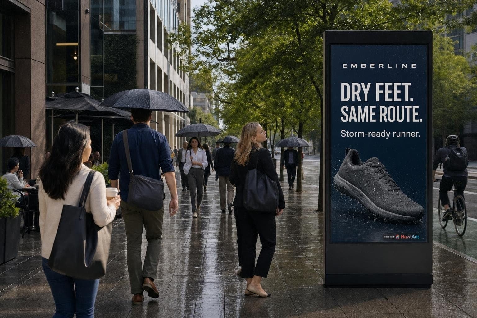 The same commuters and street kiosk in rain, now showing a weather-specific Emberline ad with a Made with HawtAds badge.