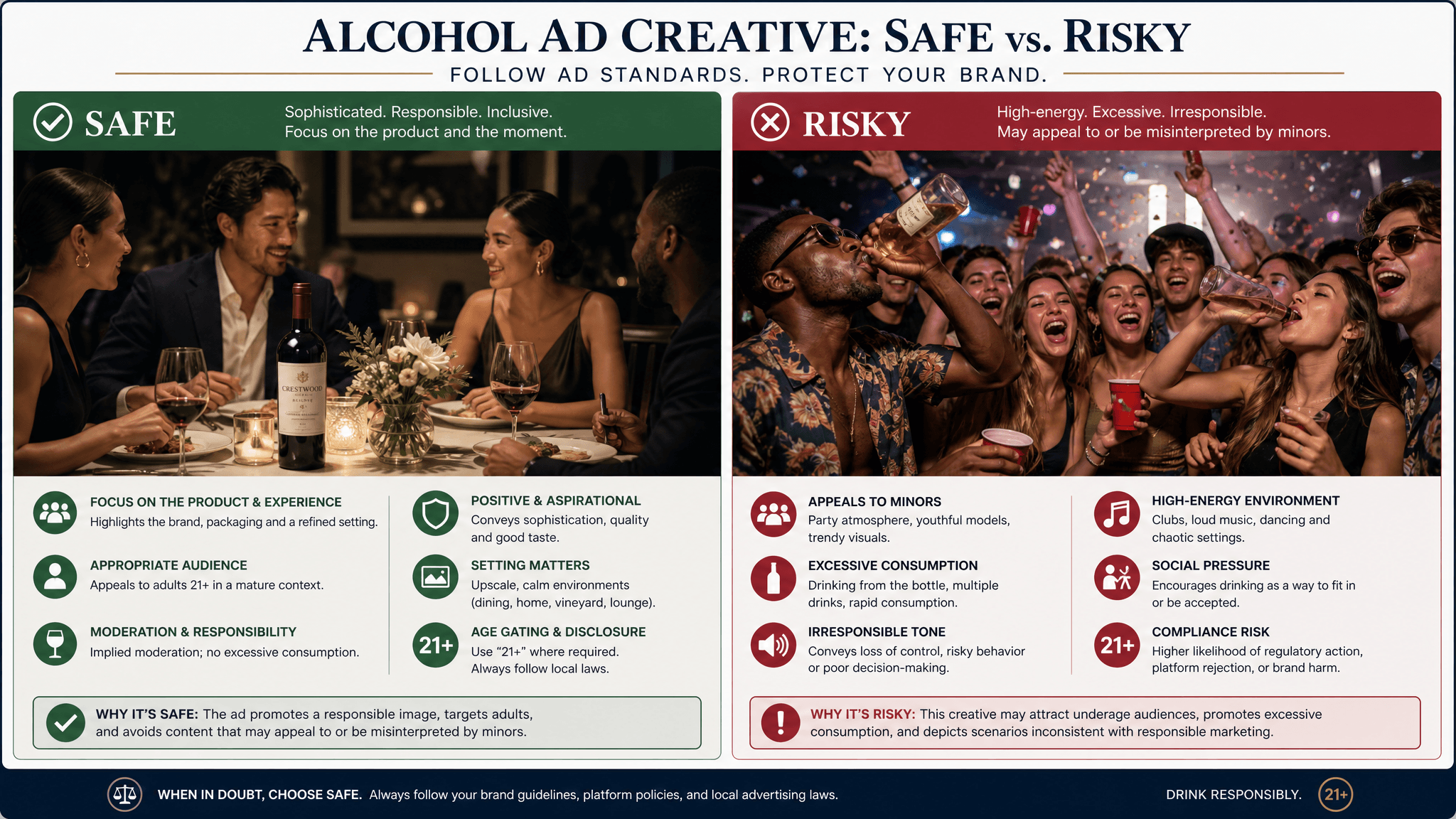 A detailed infographic showing a "Safe vs. Risky" comparison for alcohol ad creative. The safe side