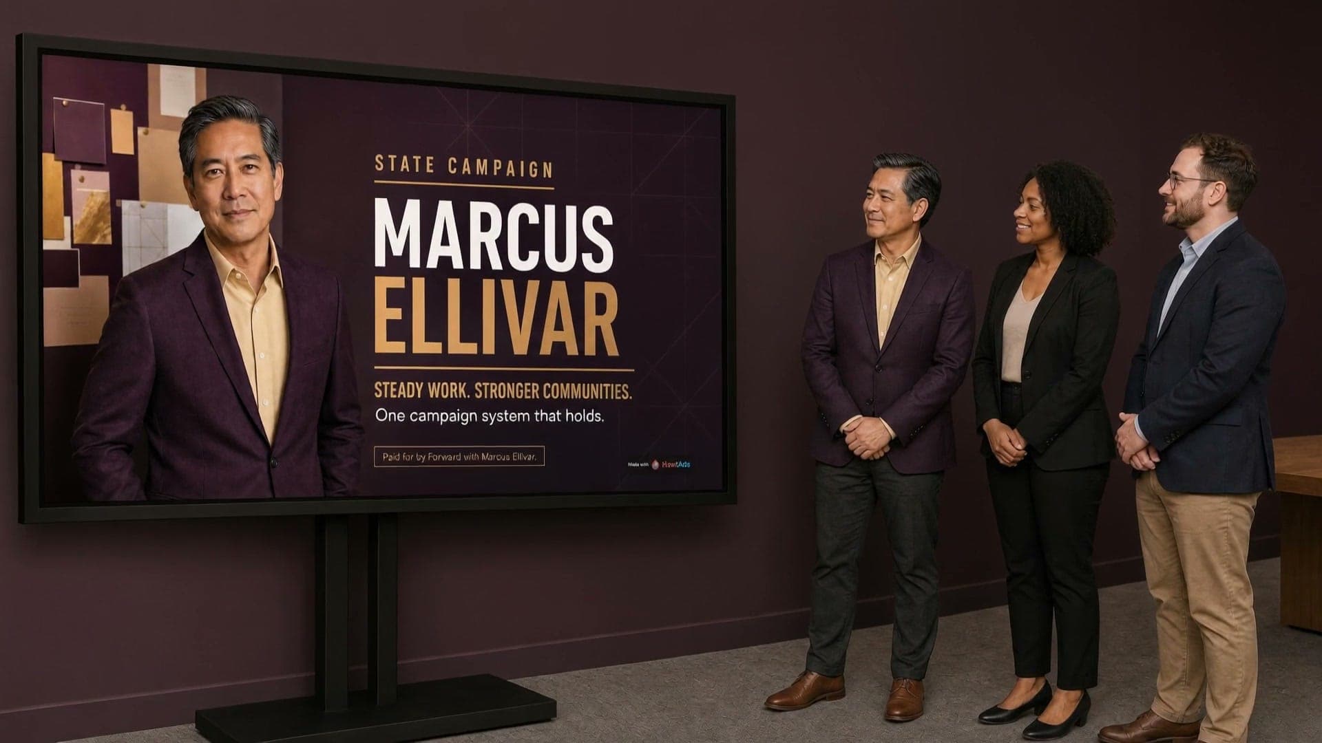 A fictional campaign team standing beside a large Marcus Ellivar campaign display in a public plaza.