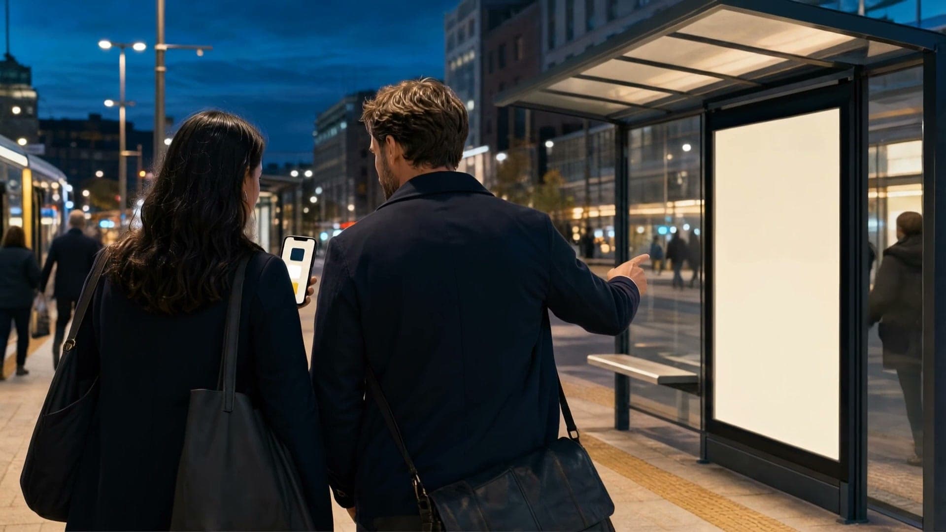 Two campaign media planners walking toward a blank transit display at blue hour.