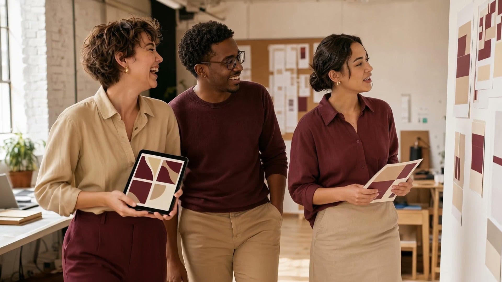 Three campaign teammates carrying palette cards and a tablet through a bright independent creative studio.