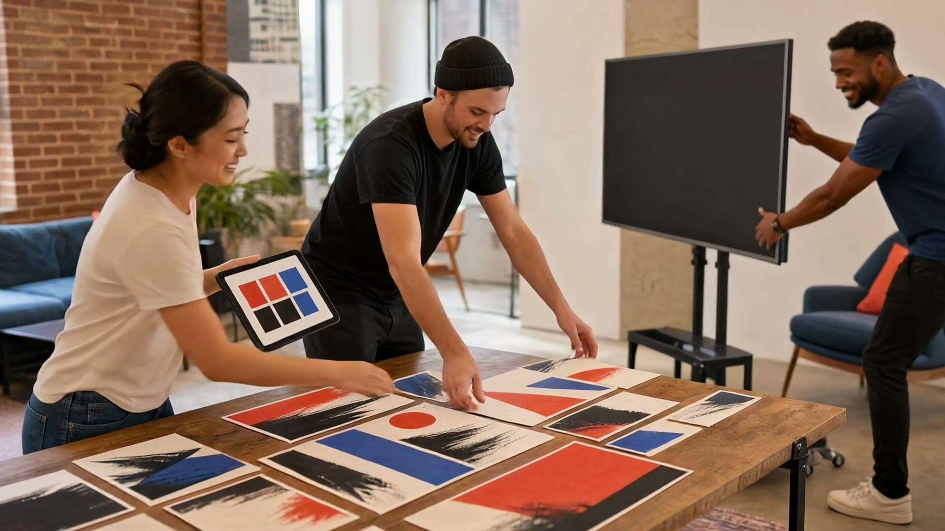 A creative team arranging red and blue ad-format boards around a mobile display in a bright studio.