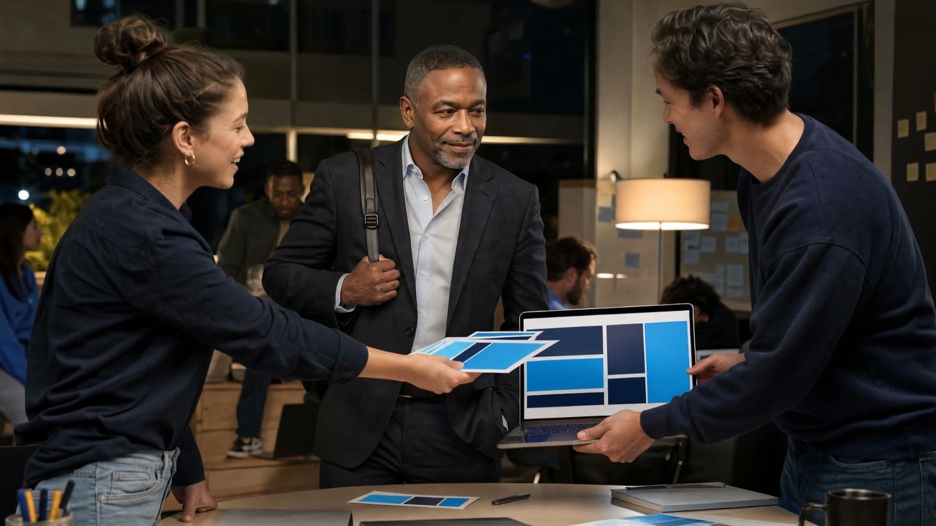 A campaign office team handing off blue creative boards during an after-dark update.