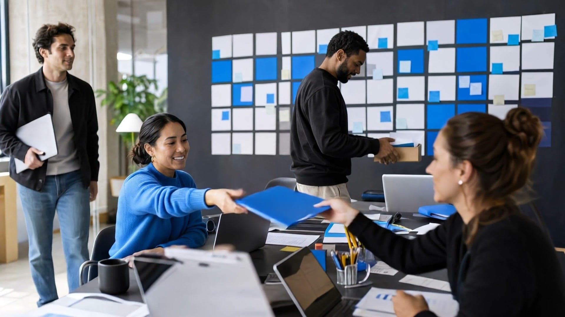 A campaign operations team handing off blue creative folders beside a wall of abstract planning cards.