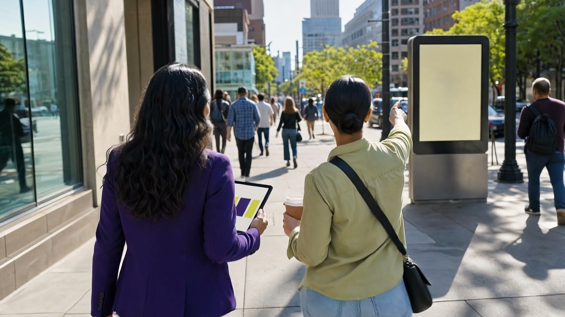 Two nonprofit organizers scouting a completely blank digital kiosk on a busy downtown sidewalk.