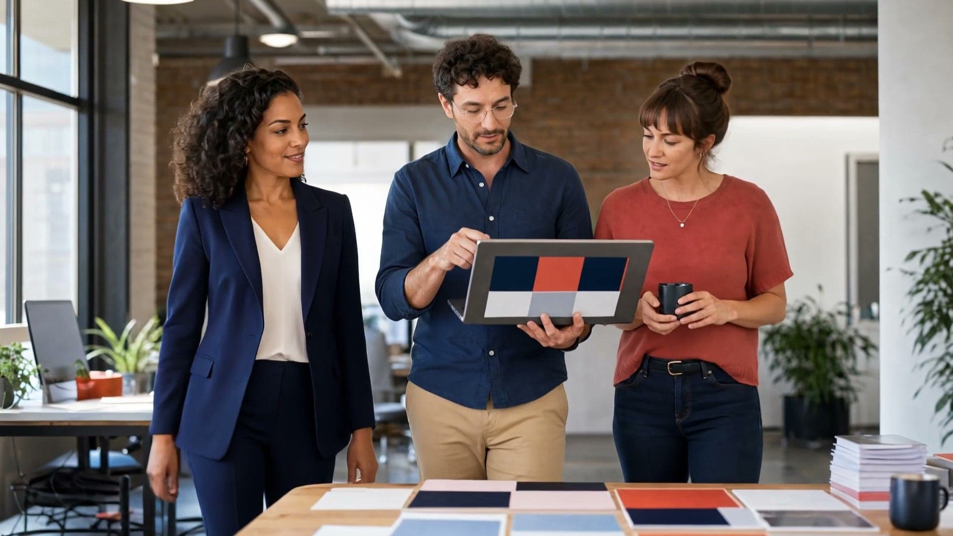 Nia Calder and a campaign office team reviewing orange and blue creative boards around a worktable.