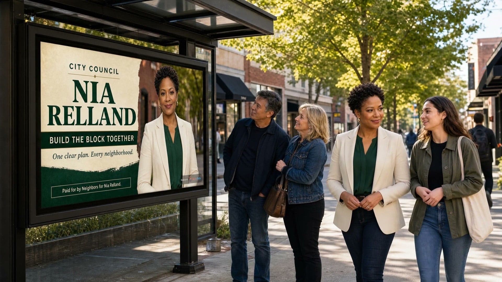 Fictional candidate Nia Relland walking with neighbors beside her finished outdoor campaign ad.