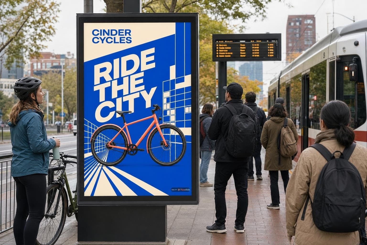 Commuters passing a Cinder Cycles ad with a Made with HawtAds watermark at a Portland transit stop.