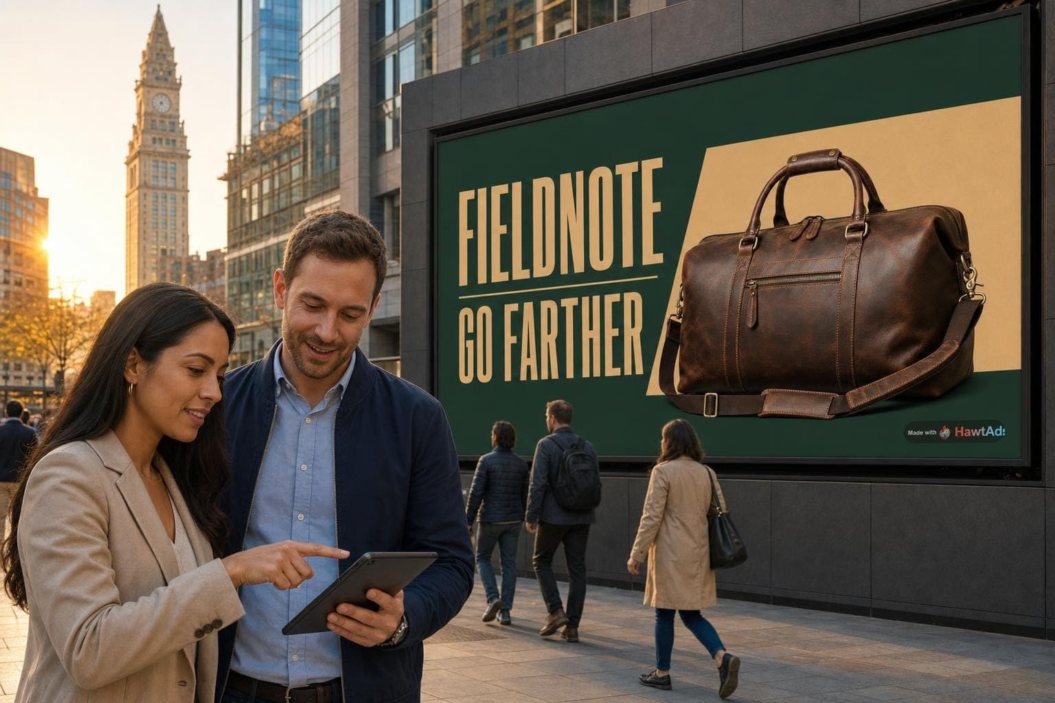 Two media planners reviewing results beside a Fieldnote ad with a Made with HawtAds watermark in Boston.