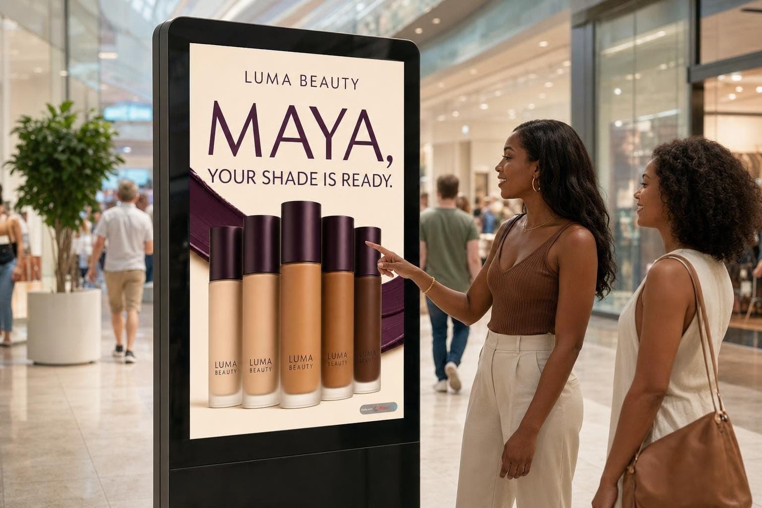 Two shoppers using a Luma Beauty ad with a Made with HawtAds watermark on a digital mall kiosk.