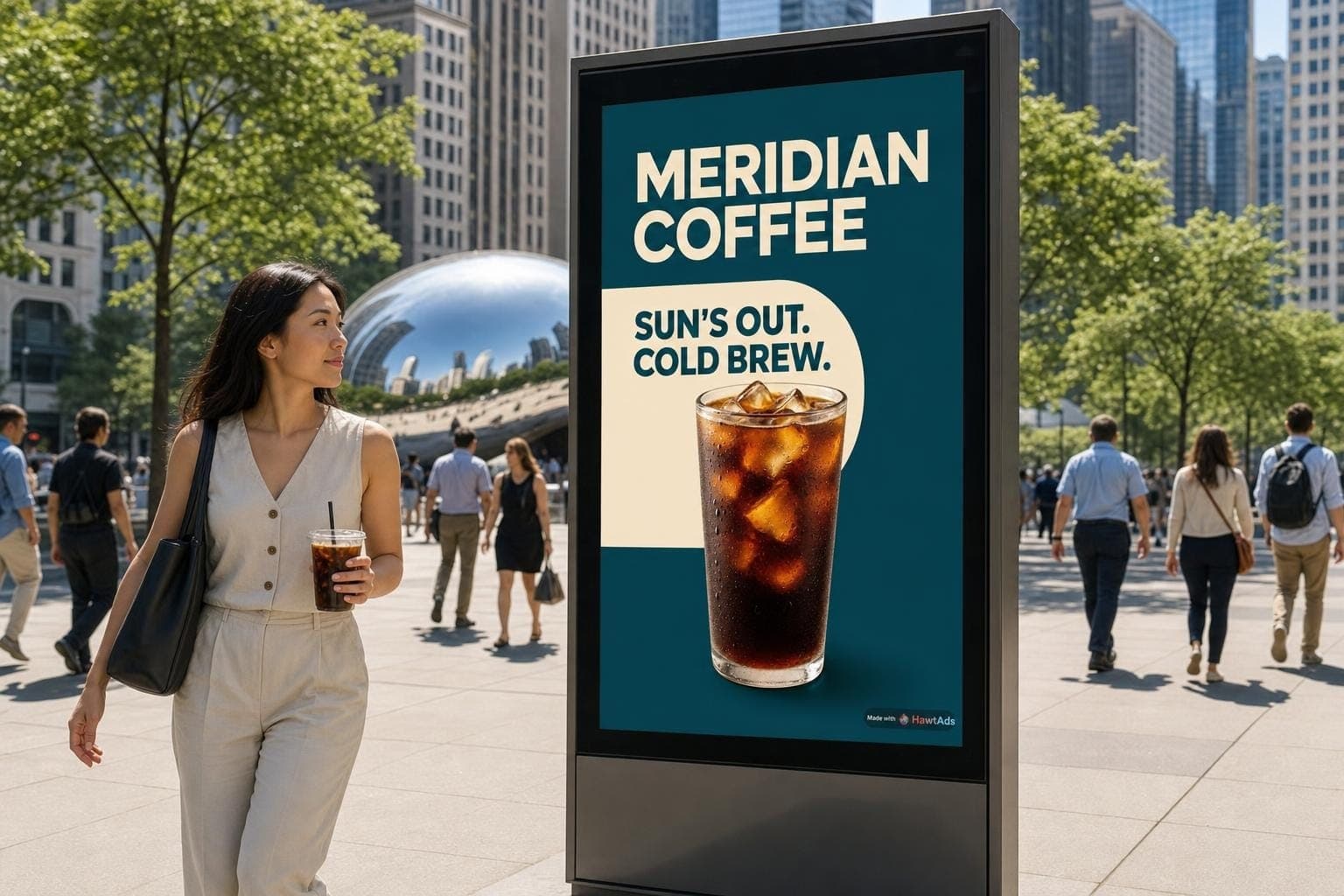 A commuter passing a Meridian Coffee ad with a Made with HawtAds watermark on a Chicago digital kiosk.
