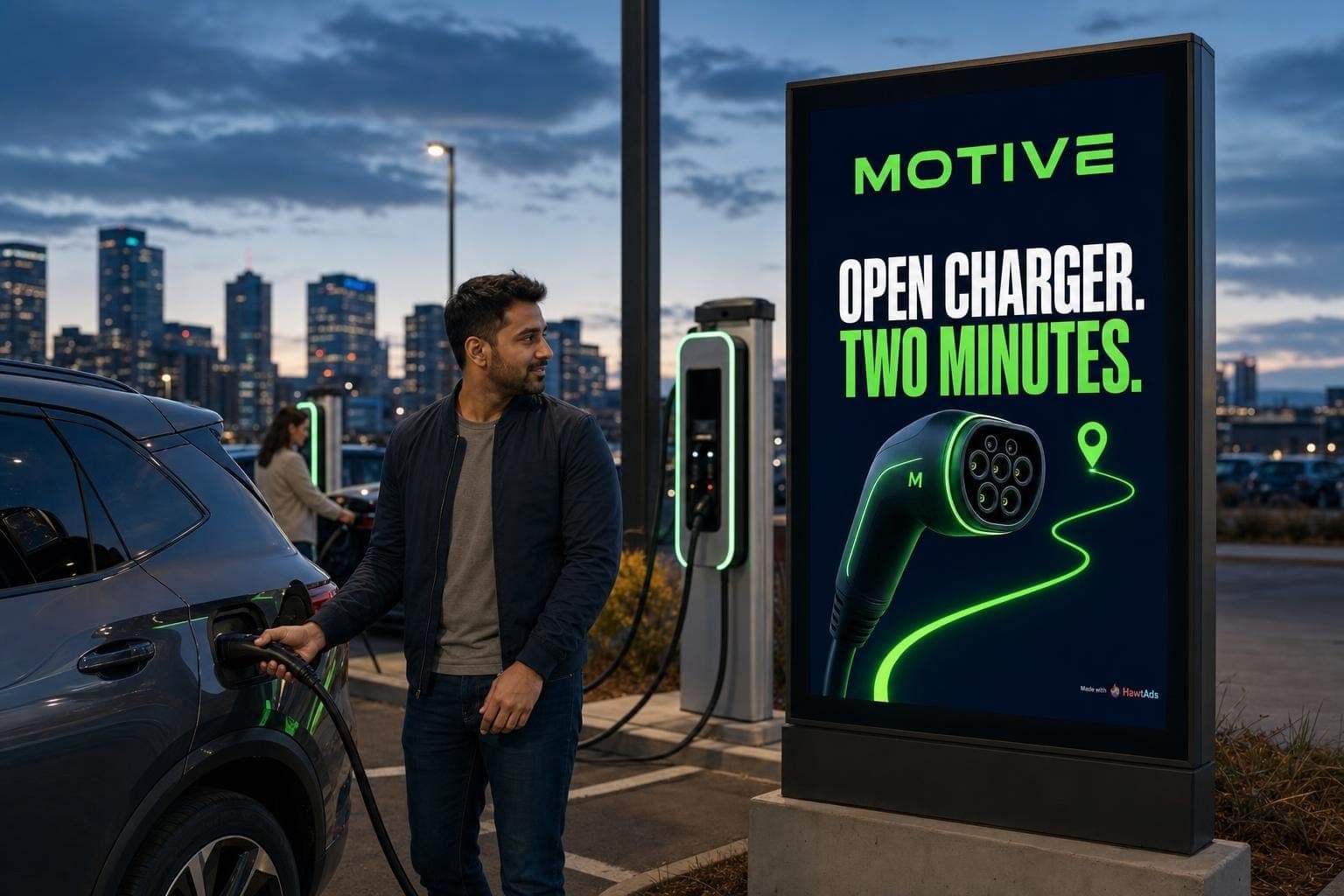A driver charging an electric car beside a Motive ad with a Made with HawtAds watermark in Denver.