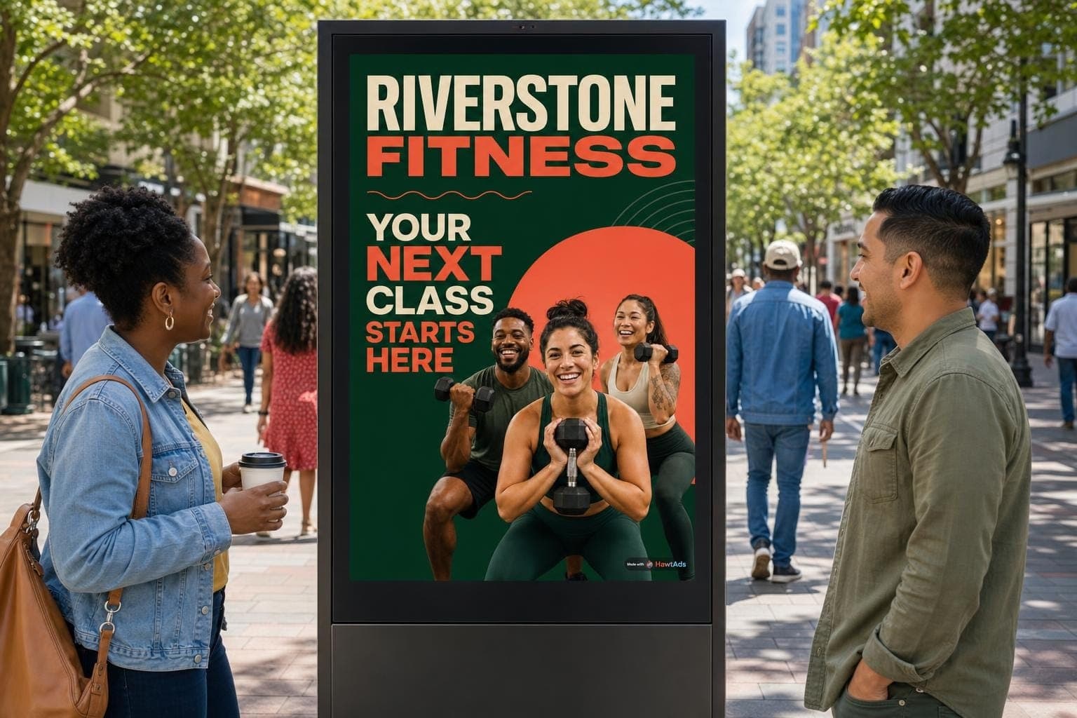 Two local marketers viewing a Riverstone Fitness ad with a Made with HawtAds watermark in Charlotte.