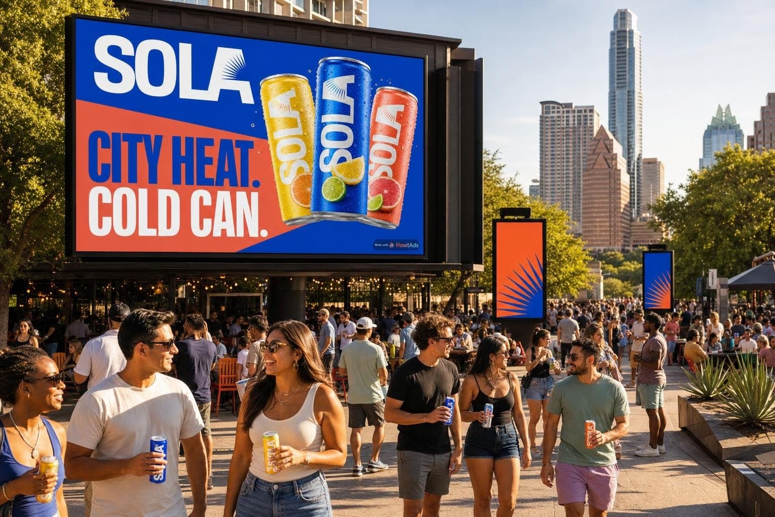 A coordinated Sola campaign with a Made with HawtAds watermark running across digital screens in an Austin plaza.