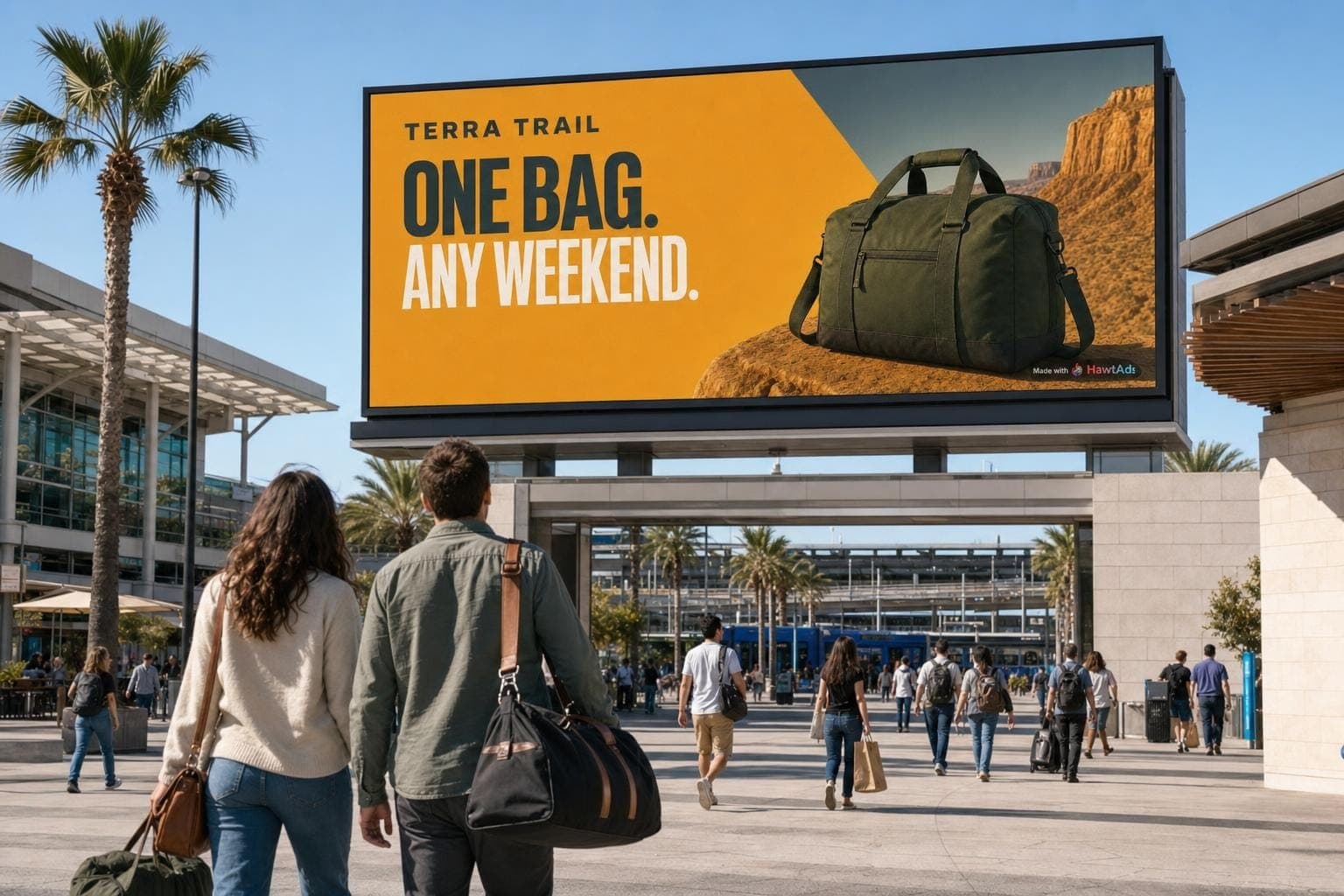 Travelers walking below a Terra Trail billboard with a Made with HawtAds watermark in San Diego.