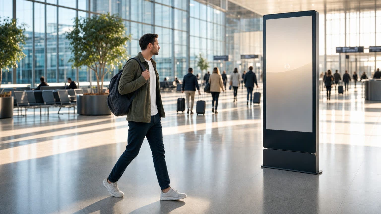 Jon walking toward an idle digital kiosk in an airport concourse.