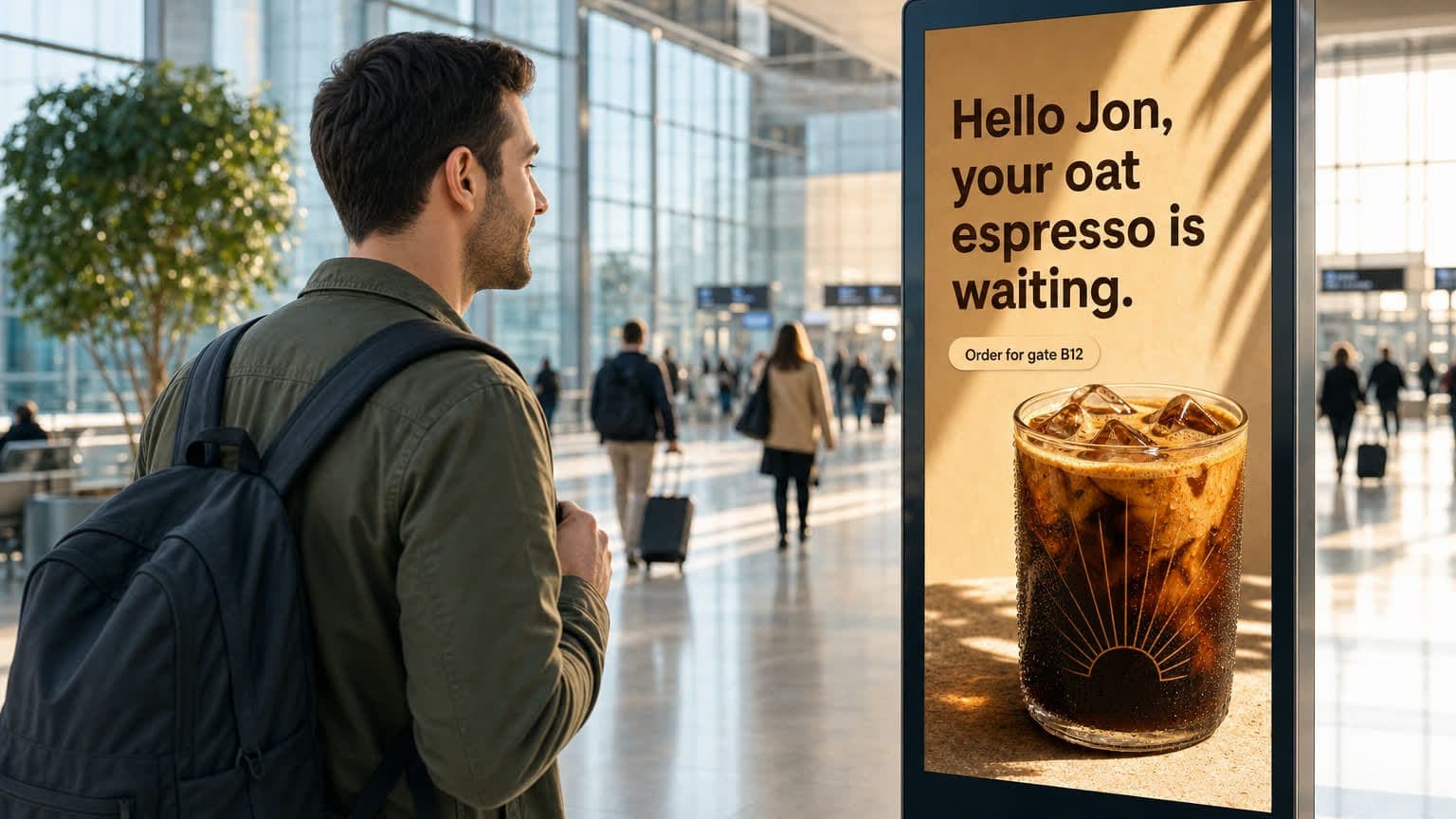 Jon looking at the final Solstice Roast coffee ad on the kiosk.